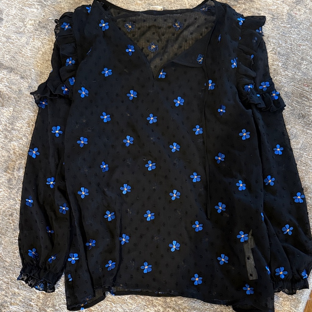 Maje Black Blouse with Blue Floral Accents, Size 2